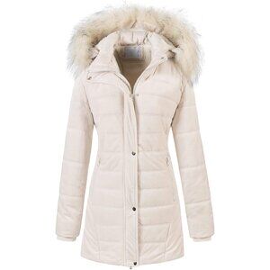 Women's Winter Velvet Puffer Jacket Quilted Coat Beige Faux Fur Hood Fabric